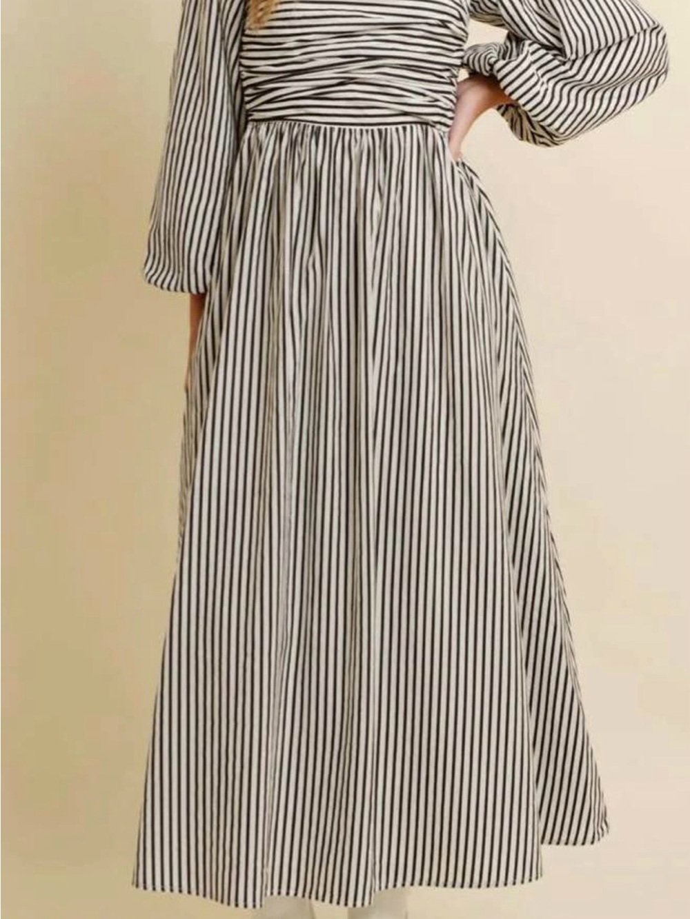 Black and White Striped Maxi Dress with Long Sleeves